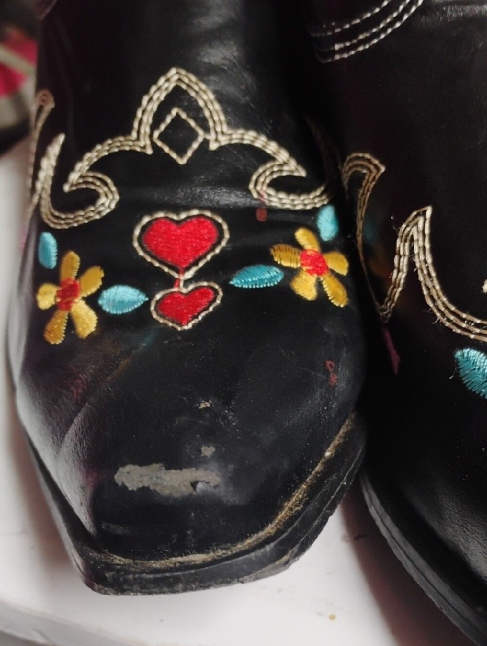 Embroidered Black Western Knee-High Boots with Colorful Floral & Gun Motif - Picture 8 of 8